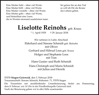 Traueranzeige von Liselotte Reinohs von Siegener Zeitung