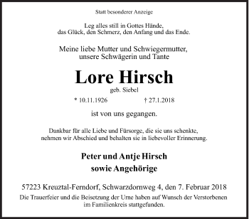 Traueranzeige von Lore Hirsch von Siegener Zeitung