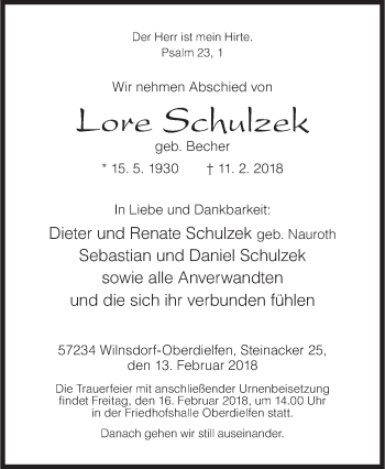 Traueranzeige von Lore Schulzek von Siegener Zeitung