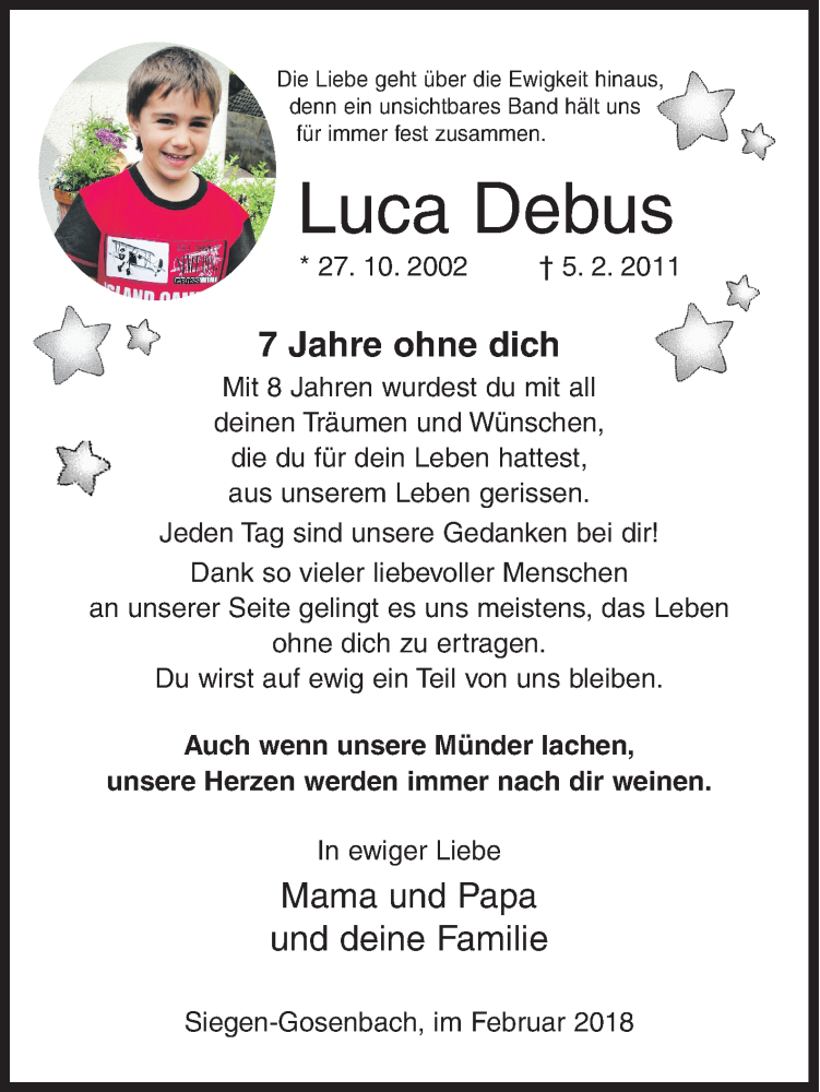  Traueranzeige für Luca Debus vom 05.02.2018 aus Siegener Zeitung