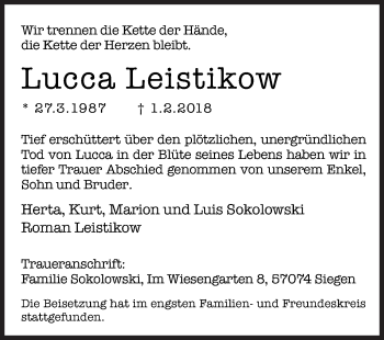 Traueranzeige von Lucca Leistikow von Siegener Zeitung