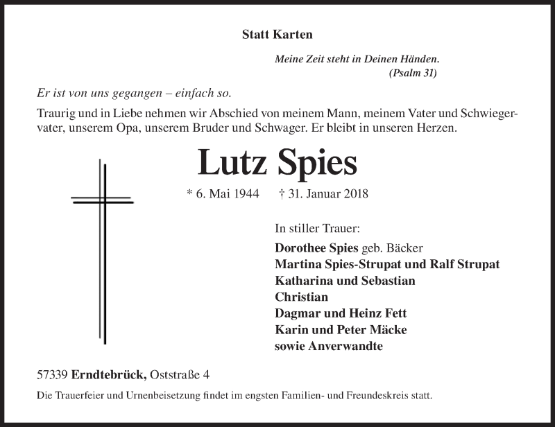  Traueranzeige für Lutz Spies vom 06.02.2018 aus Siegener Zeitung