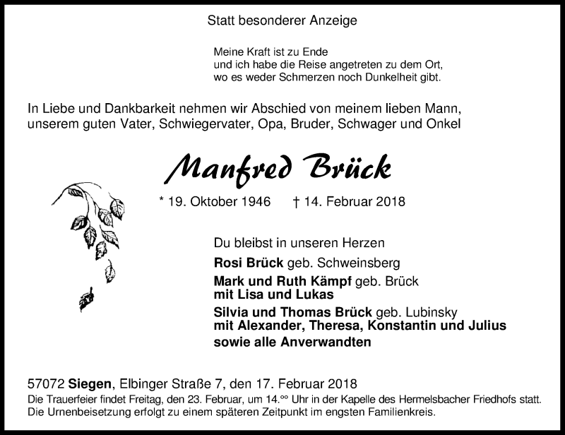  Traueranzeige für Manfred Brück vom 17.02.2018 aus Siegener Zeitung