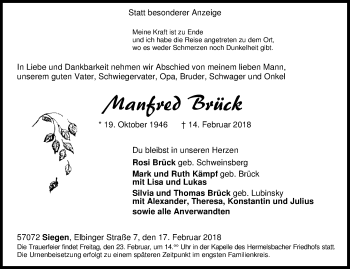 Traueranzeige von Manfred Brück von Siegener Zeitung