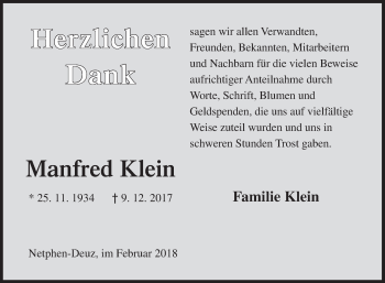 Traueranzeige von Manfred Klein von Siegener Zeitung