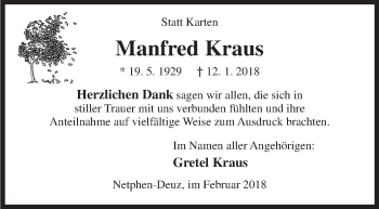 Traueranzeige von Manfred Kraus von Siegener Zeitung