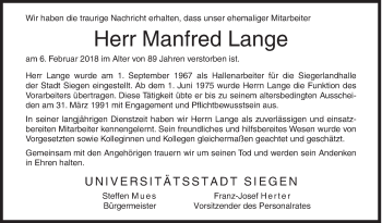 Traueranzeige von Manfred Lange von Siegener Zeitung
