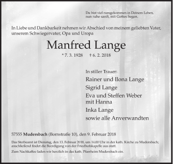 Traueranzeige von Manfred Lange von Siegener Zeitung