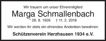 Traueranzeige von Marga Schmallenbach von Siegener Zeitung