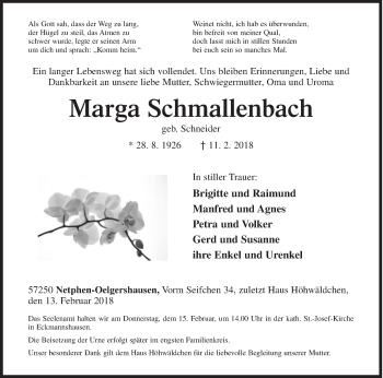 Traueranzeige von Marga Schmallenbach von Siegener Zeitung