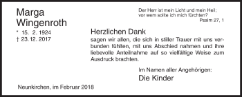 Traueranzeige von Marga Wingenroth von Siegener Zeitung