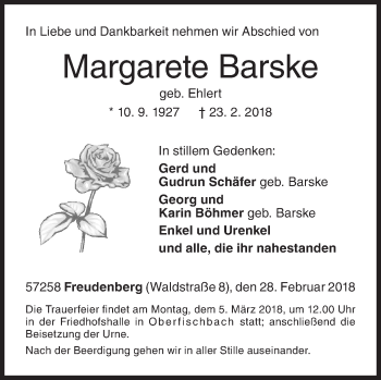 Traueranzeige von Margarete Barske von Siegener Zeitung