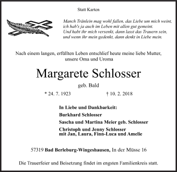 Traueranzeige von Margarete Schlosser von Siegener Zeitung