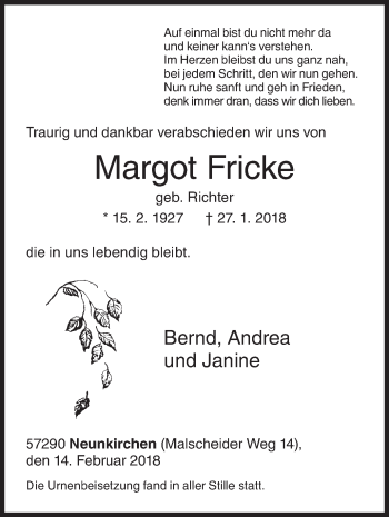 Traueranzeige von Margot Fricke von Siegener Zeitung