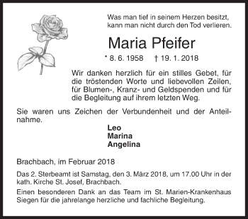 Traueranzeige von Maria Pfeifer von Siegener Zeitung