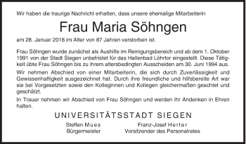 Traueranzeige von Maria Söhngen von Siegener Zeitung