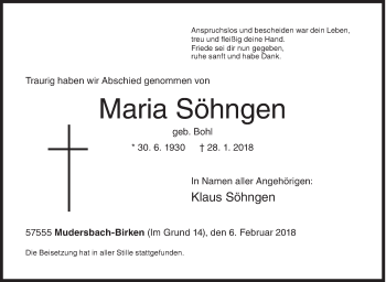 Traueranzeige von Maria Söhngen von Siegener Zeitung
