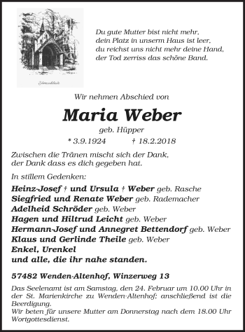 Traueranzeige von Maria Weber von Siegener Zeitung