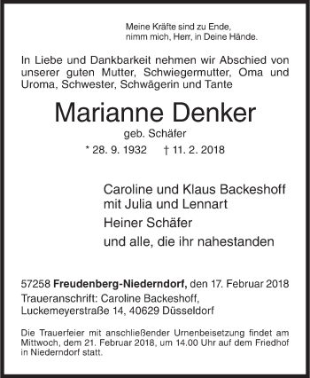 Traueranzeige von Marianne Denker von Siegener Zeitung
