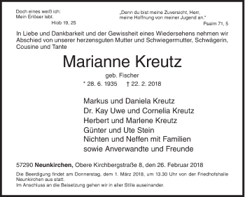 Traueranzeige von Marianne Kreutz von Siegener Zeitung