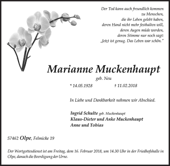 Traueranzeige von Marianne Muckenhaupt von Siegener Zeitung