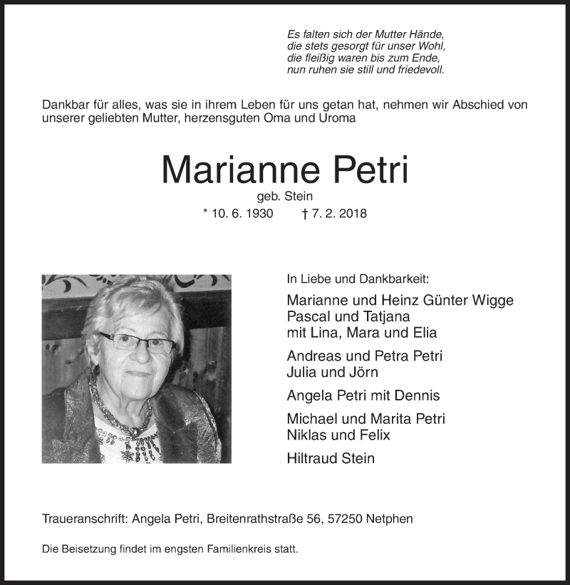  Traueranzeige für Marianne Petri vom 10.02.2018 aus Siegener Zeitung