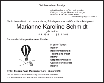 Traueranzeige von Marianne Karoline Schmidt von Siegener Zeitung