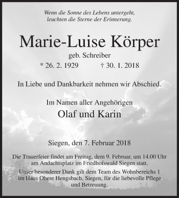 Traueranzeige von Marie-Luise Körper von Siegener Zeitung
