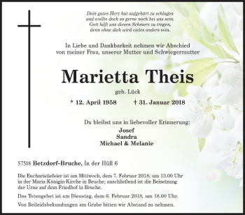 Traueranzeige von Marietta Theis von Siegener Zeitung