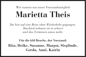 Traueranzeige von Marietta Theis von Siegener Zeitung
