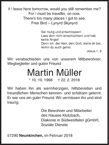 Traueranzeige von Martin Müller von Siegener Zeitung