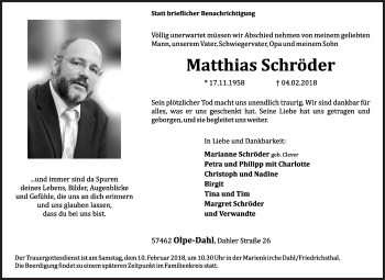 Traueranzeige von Matthias Schröder von Siegener Zeitung