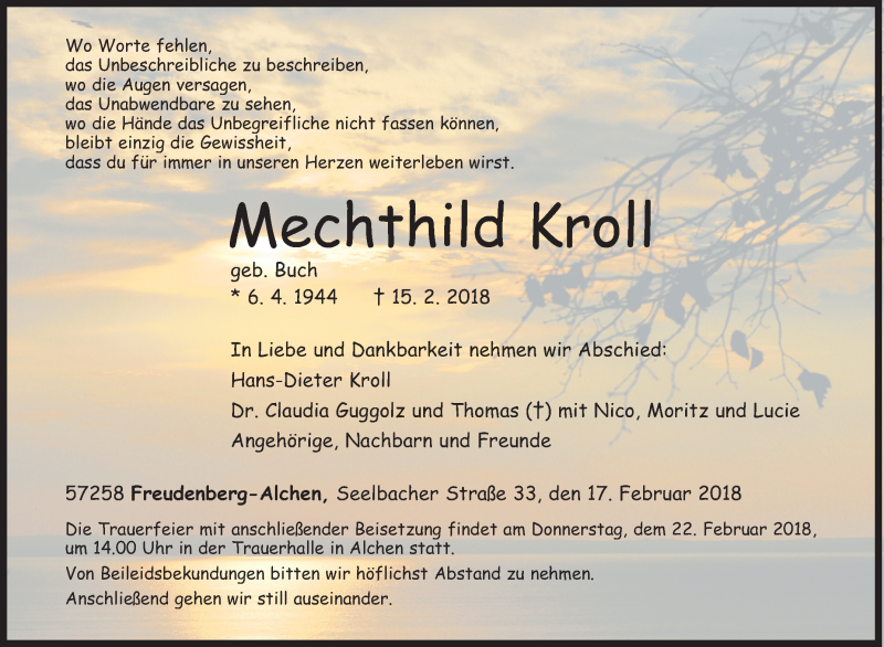  Traueranzeige für Mechthild Kroll vom 17.02.2018 aus Siegener Zeitung