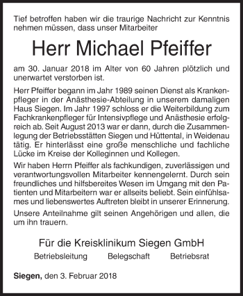 Traueranzeige von Michael Pfeiffer von Siegener Zeitung