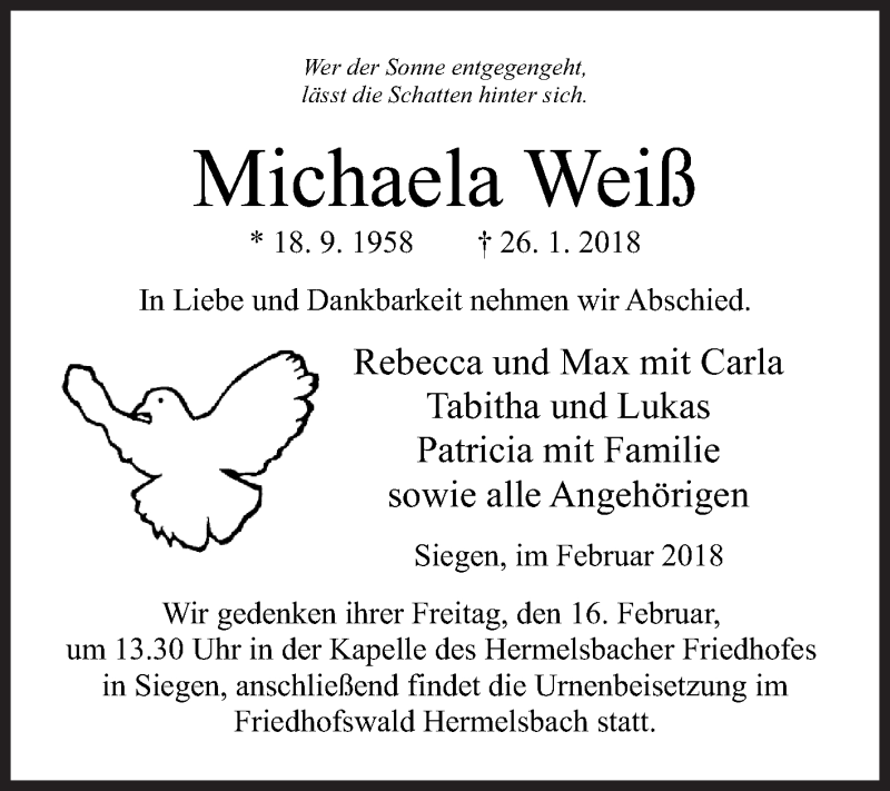  Traueranzeige für Michaela Weiß vom 10.02.2018 aus Siegener Zeitung