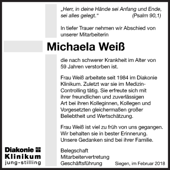 Traueranzeige von Michaela Weiß von Siegener Zeitung