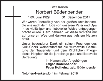 Traueranzeige von Norbert Büdenbender von Siegener Zeitung