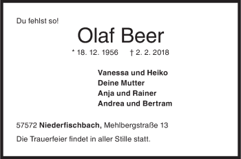 Traueranzeige von Olaf Beer von Siegener Zeitung
