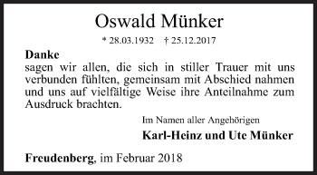Traueranzeige von Oswald Münker von Siegener Zeitung