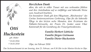 Traueranzeige von Otti Huckestein von Siegener Zeitung
