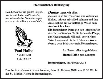 Traueranzeige von Paul Halbe von Siegener Zeitung