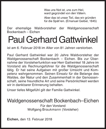 Traueranzeige von Paul Gerhard Gattwinkel von Siegener Zeitung