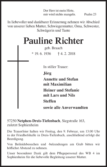 Traueranzeige von Pauline Richter von Siegener Zeitung