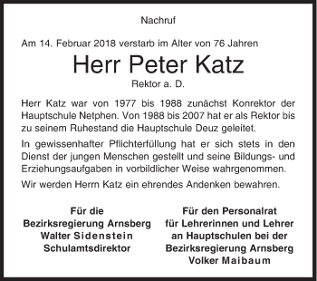 Traueranzeige von Peter Katz von Siegener Zeitung