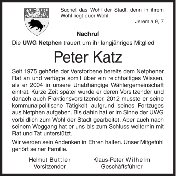 Traueranzeige von Peter Katz von Siegener Zeitung