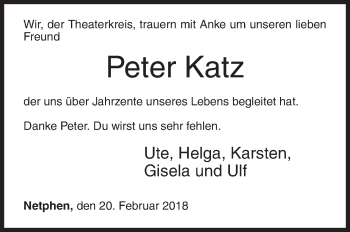 Traueranzeige von Peter Katz von Siegener Zeitung