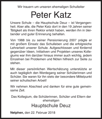 Traueranzeige von Peter Katz von Siegener Zeitung