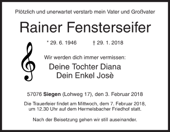 Traueranzeige von Rainer Fensterseifer von Siegener Zeitung