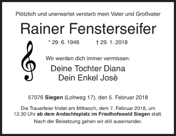 Traueranzeige von Rainer Fensterseifer von Siegener Zeitung