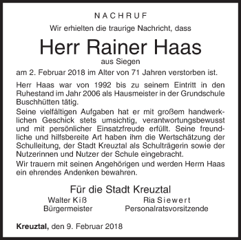 Traueranzeige von Rainer Haas von Siegener Zeitung